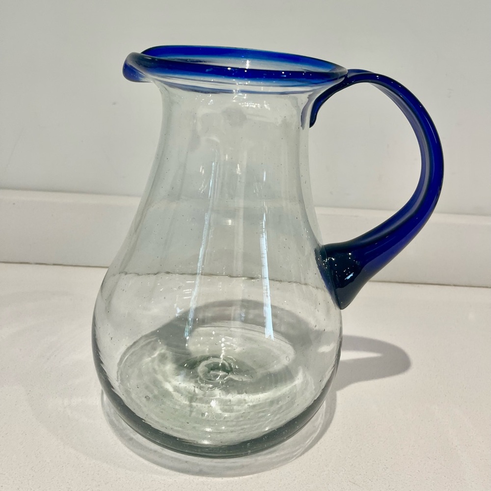 Large Mexican Artisan Recycled Blown Glass Pitcher with Cobalt Blue Rim/Handle